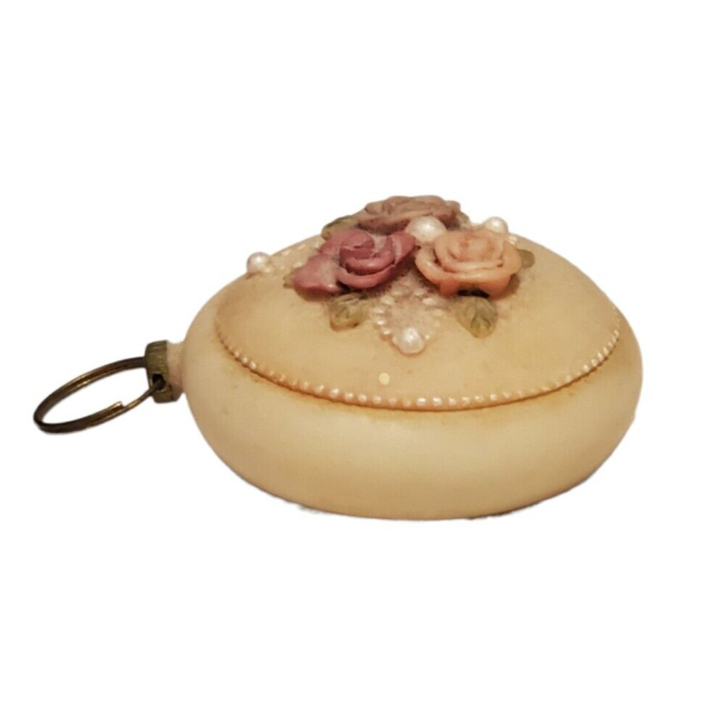 Vintage Dezine Hand Painted Jewelry Trinket Box Pink Floral Flowers Roses Pearls
